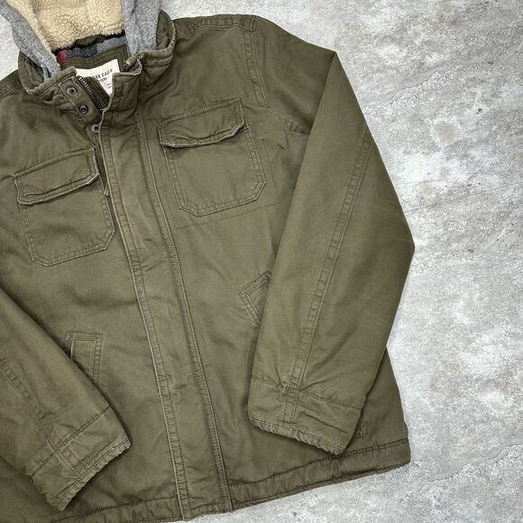 American Eagle Sherpa Lined Canvas Jacket Olive Green Plaid Hood L - Picture 7 of 13